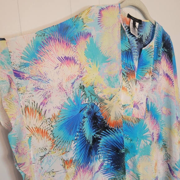 BCBGMAXAZRIA Dove Kaftan Swimsuit Cover Up Top Aqua Combo Caftan Flowy XS/S - Picture 3 of 10